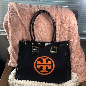Tory Burch Tote Bag Open Top Wooly Front And Back Dark Blue With Orange Logo
